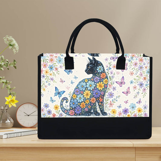 Black Cat & Floral Tote Bag – Cute Gift for Cat Lovers, Cat Mom Tote for Everyday Use