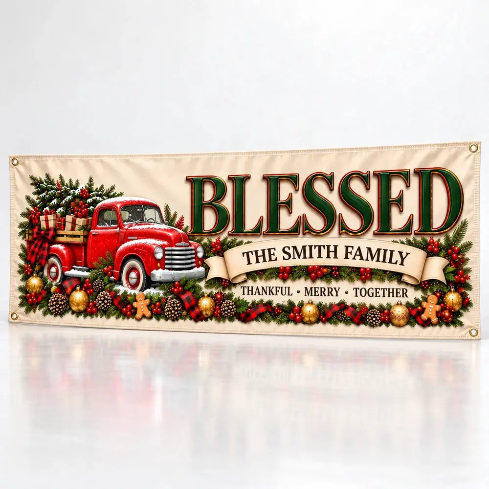Personalized Blessed Red Truck Family Banner - white studio