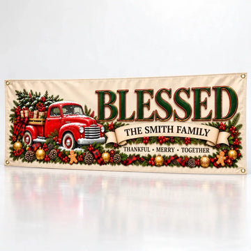 Personalized Blessed Red Truck Family Banner - white studio
