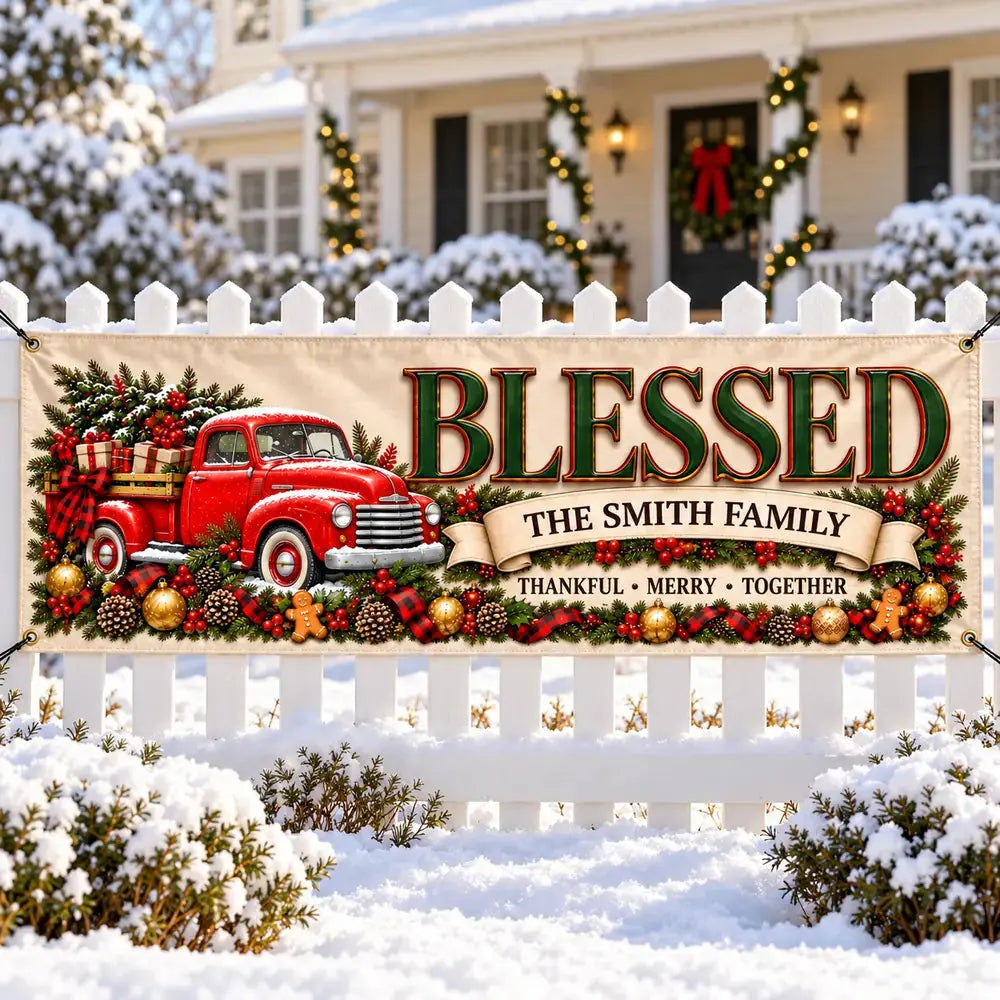 Blessed Red Truck Christmas banner on snowy picket fence