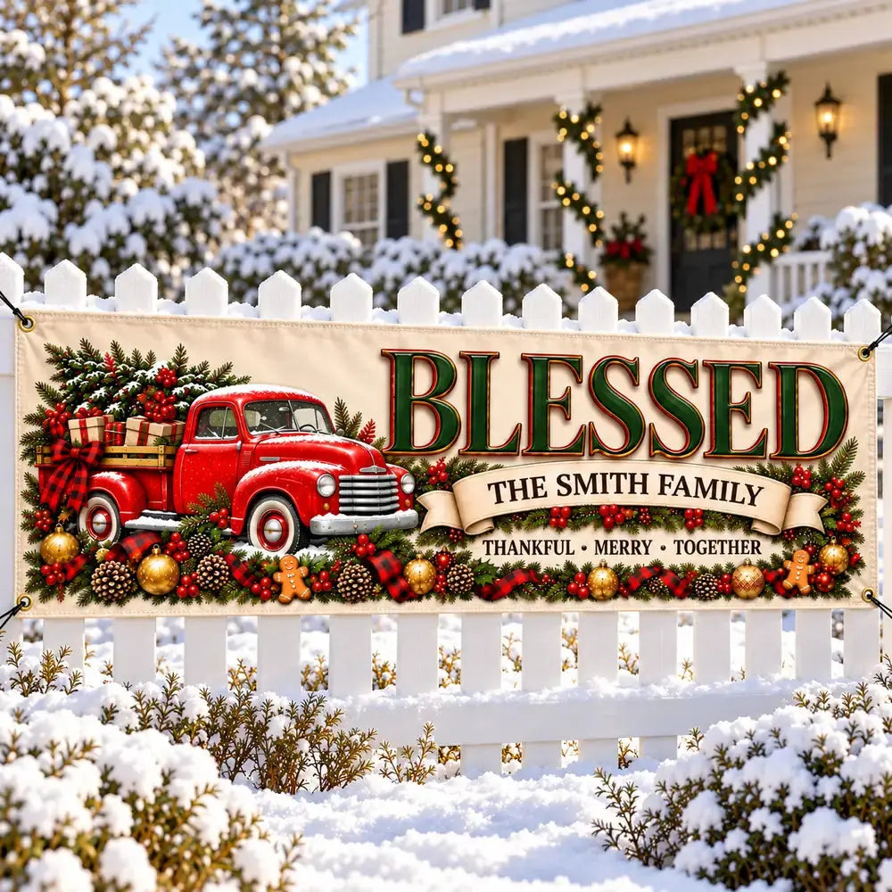 Custom family name Christmas banner on fence, angle view