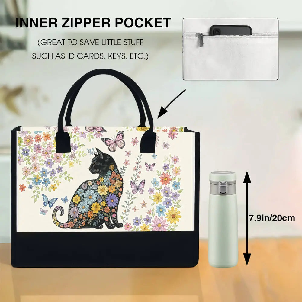 Reusable tote bag with watercolor black cat – great for daily shopping