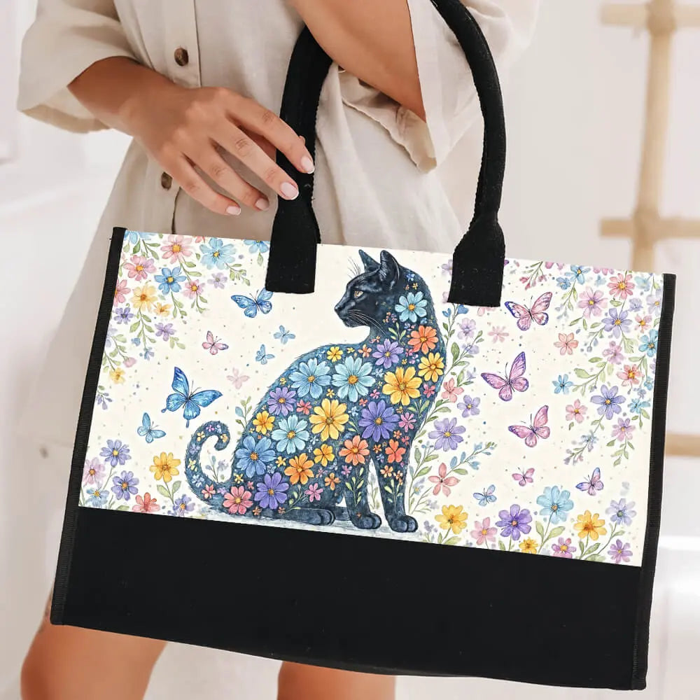 Black Cat & Floral Tote Bag – Cute Gift for Cat Lovers, Cat Mom Tote for Everyday Use Duconspace
