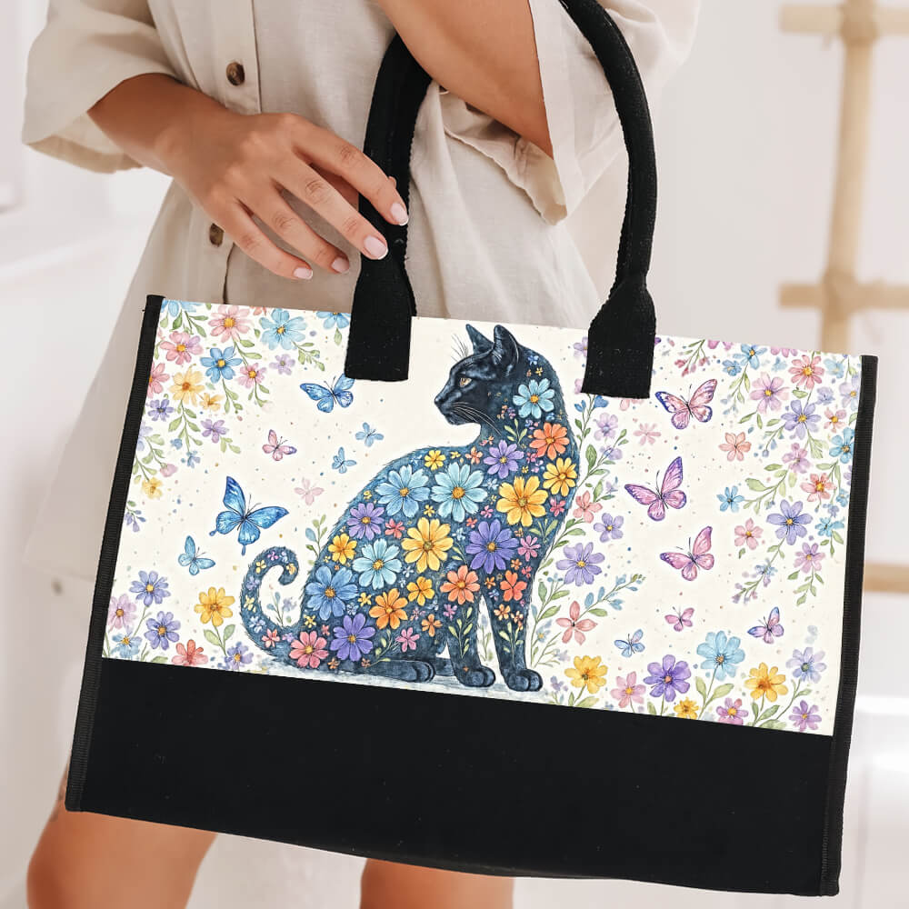 Black Cat & Floral Tote Bag – Cute Gift for Cat Lovers, Cat Mom Tote for Everyday Use