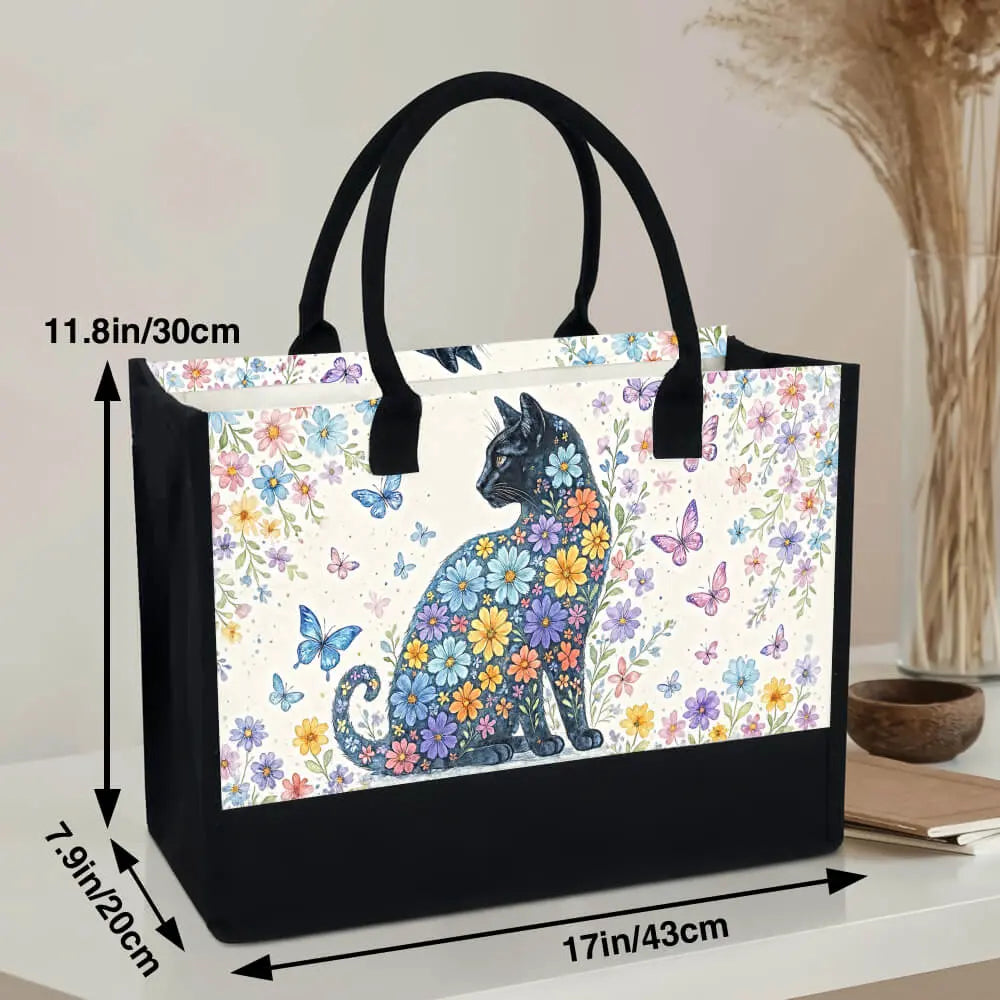 Black Cat & Floral Tote Bag – Cute Gift for Cat Lovers, Cat Mom Tote for Everyday Use Duconspace