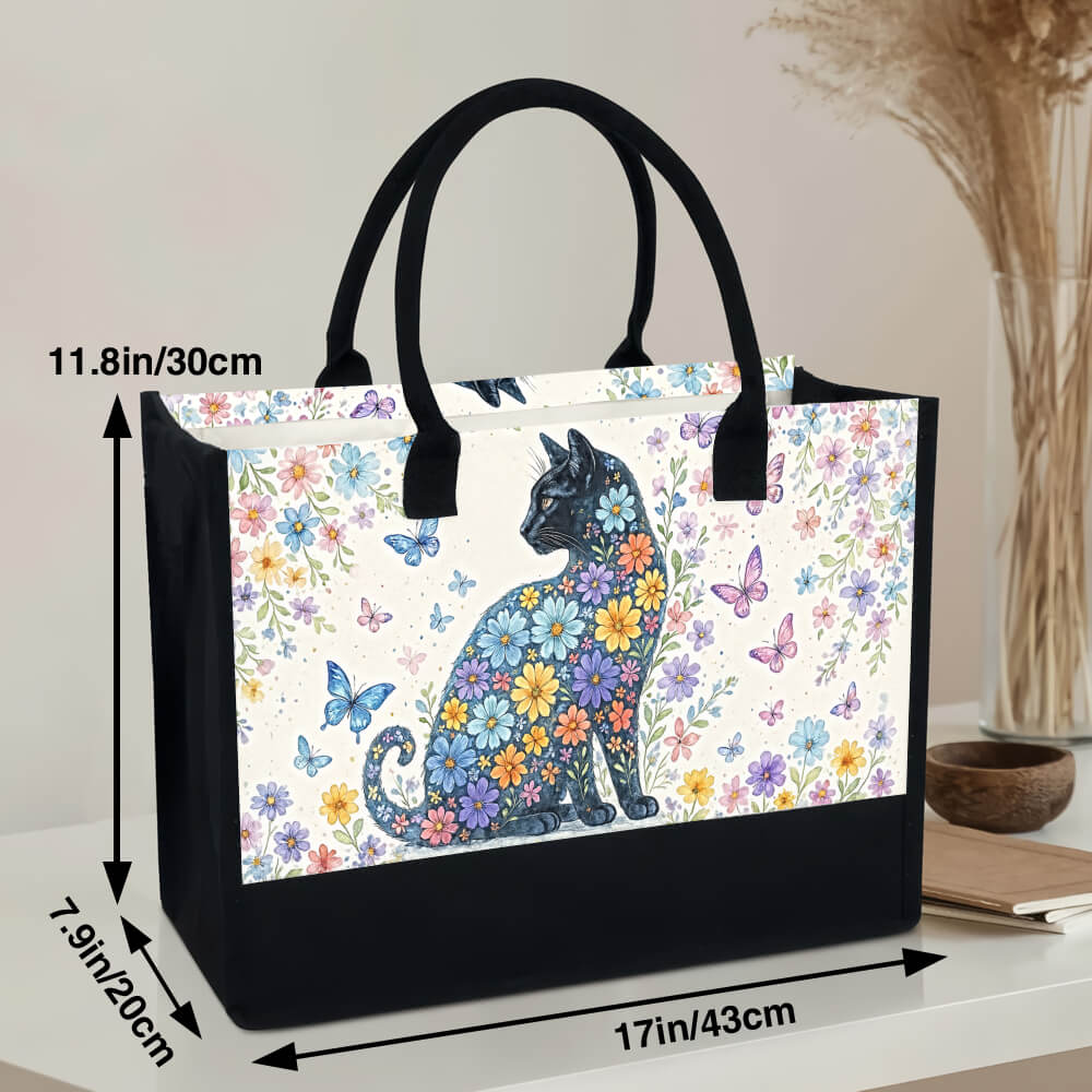 Black Cat & Floral Tote Bag – Cute Gift for Cat Lovers, Cat Mom Tote for Everyday Use