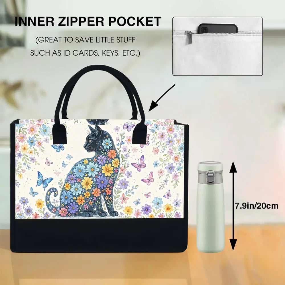 Black Cat & Floral Tote Bag – Cute Gift for Cat Lovers, Cat Mom Tote for Everyday Use Duconspace