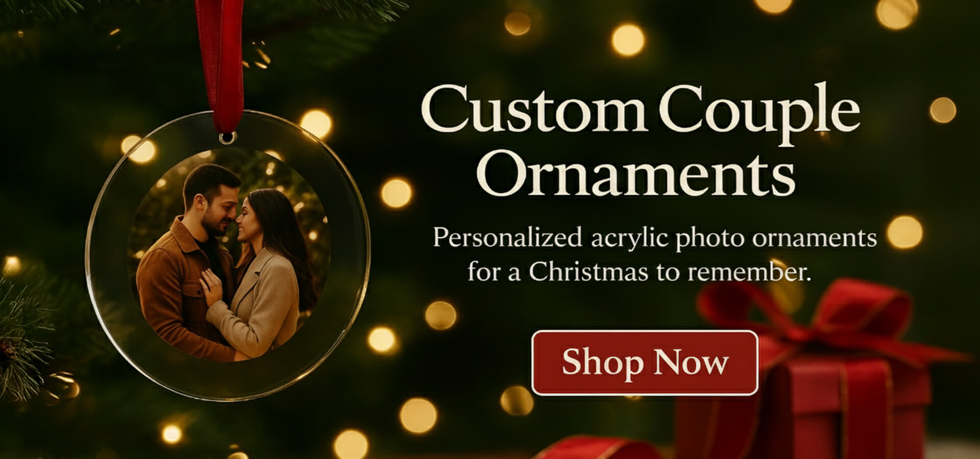 Banner with Christmas tree and acrylic ornament featuring couple photo, promoting personalized couple ornaments for Christmas1621243260e1af0c20-1