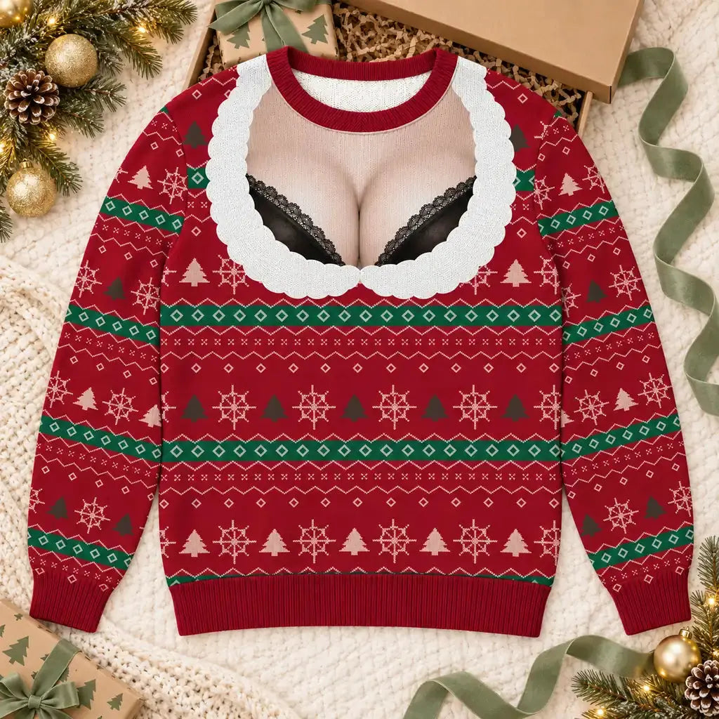 Custom cranberry bra illusion ugly Christmas sweater showcased with Christmas gift packaging and evergreen decorations.