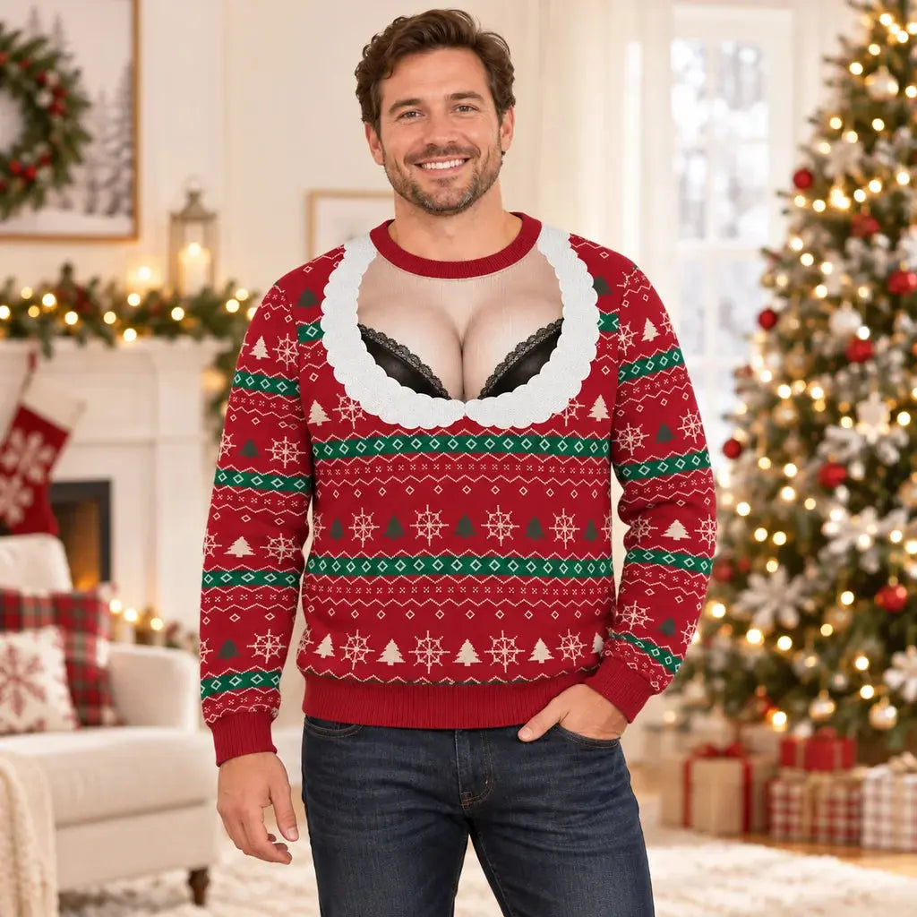 Adult man wearing the custom cranberry bra illusion ugly Christmas sweater in a festive living room.