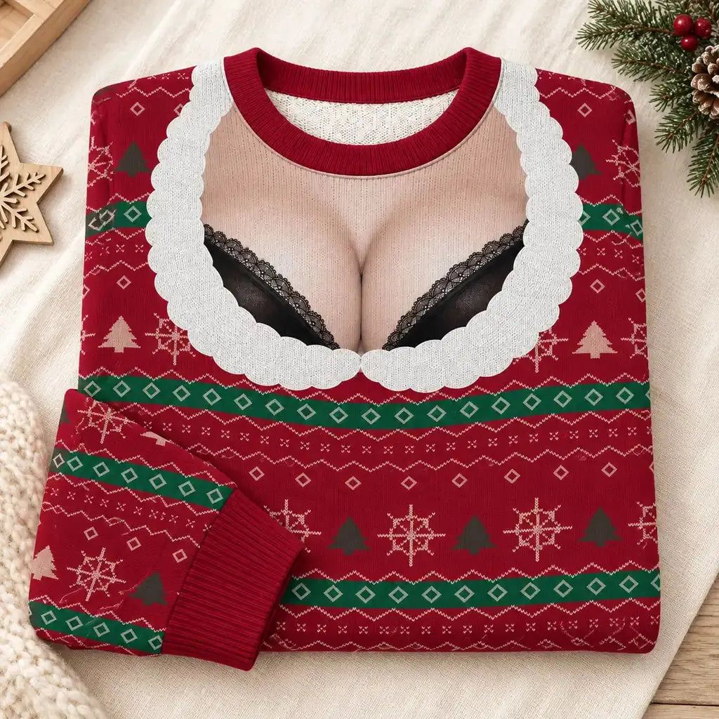 Custom cranberry bra illusion ugly Christmas sweater folded close-up showing neckline, printed design and sleeve cuff.