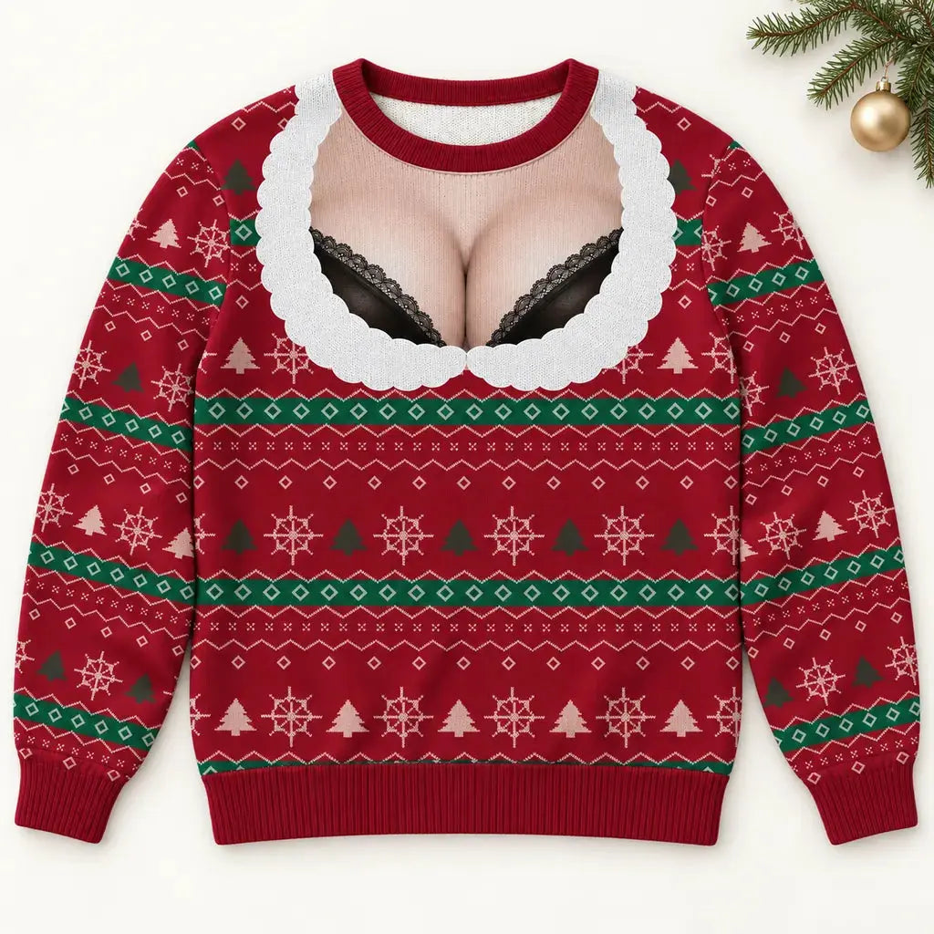 Custom cranberry bra illusion ugly Christmas sweater, front studio showcase with festive evergreen accent.