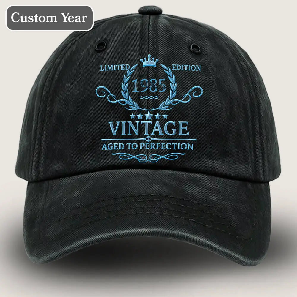Front view of custom washed denim dad hat with vintage print