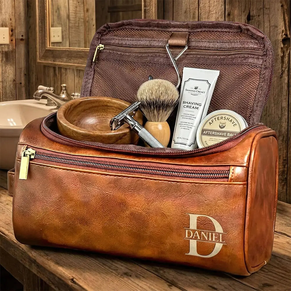 Custom Engraved Leather Toiletry Bag – Personalized Travel Dopp Kit, Perfect Gift for Dad Duconspace