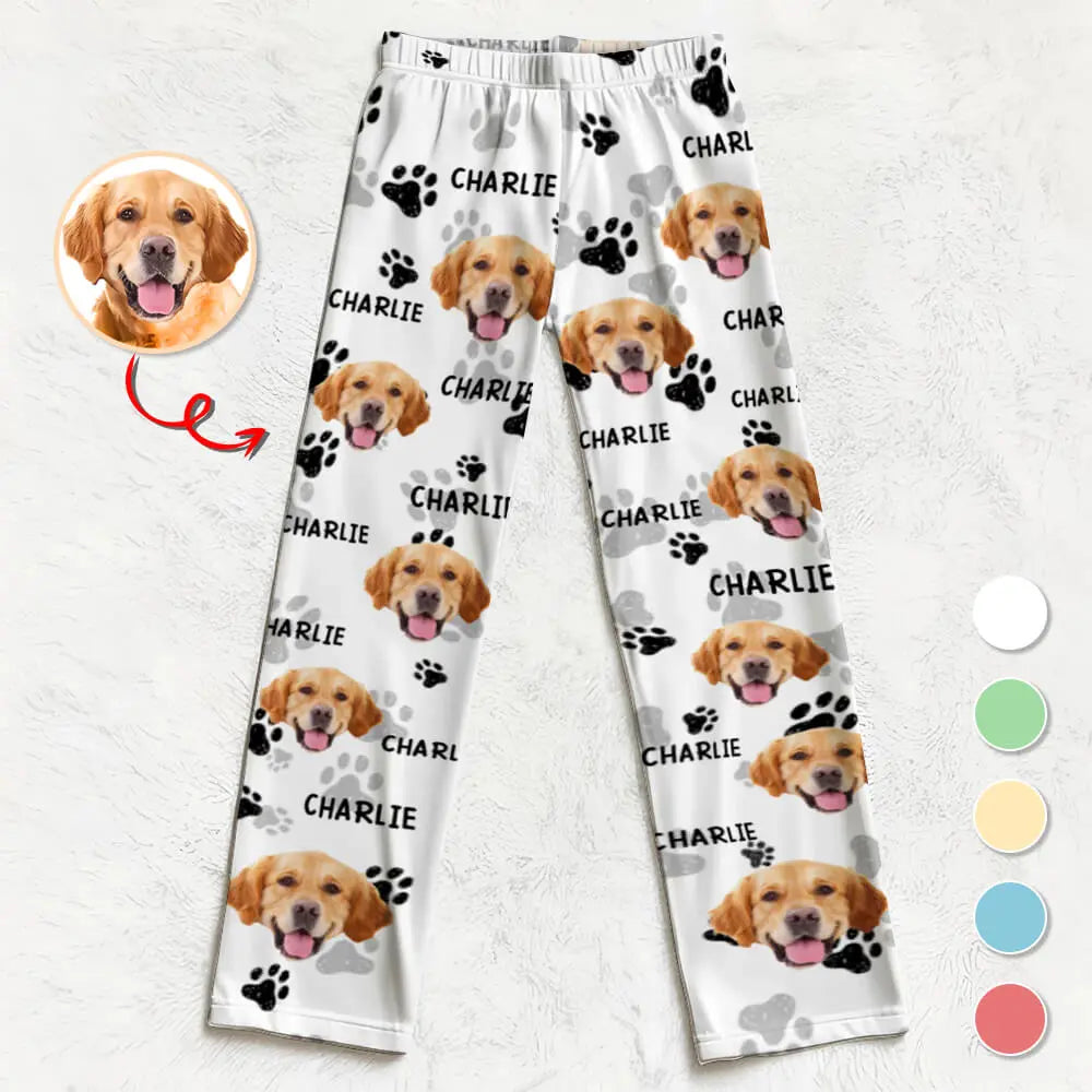 Personalized pajama pants with a dog's face printed on them, featuring the name 'Charlie'.