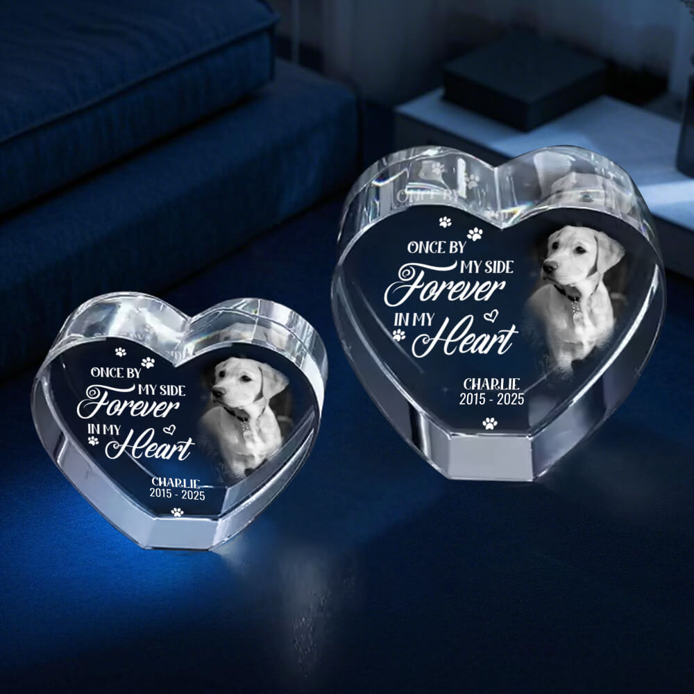 Engraved heart shaped 3D crystal as sympathy gift for pet loss