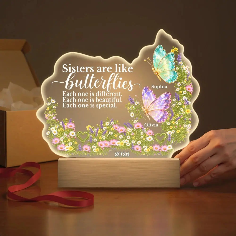 Sisters butterfly night light as a gift next to a gift box