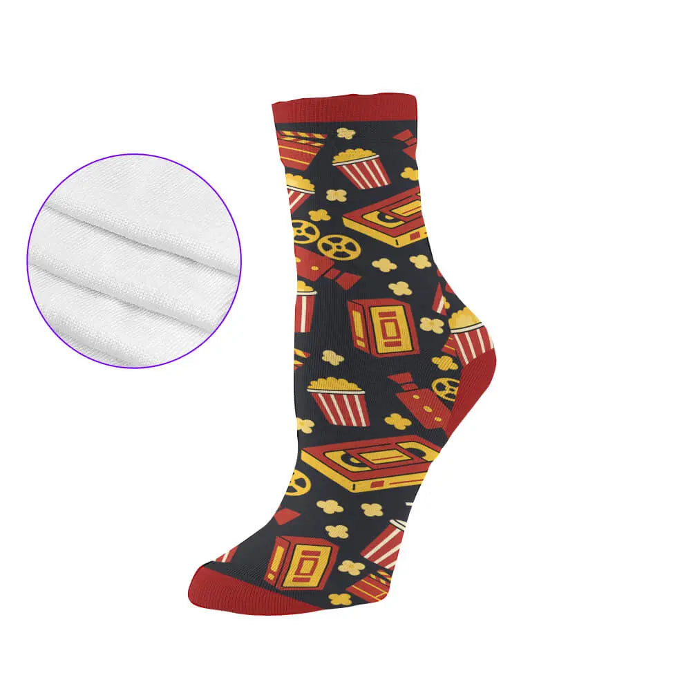Colorful sock with movie-themed pattern on a white background