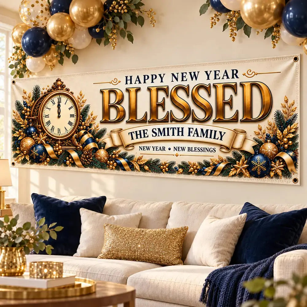 Custom family name New Year banner on living room wall, angled view