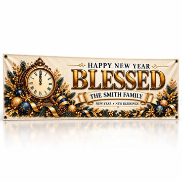 Personalized Blessed Family New Year banner, white studio view