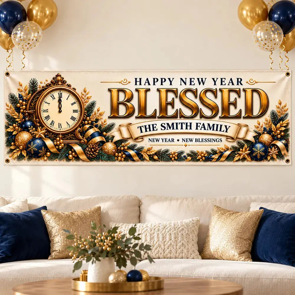 Blessed New Year family banner hung in a living room for a New Year's Eve party