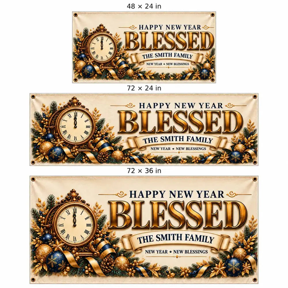 Blessed New Year banner size comparison 48x24, 72x24, 72x35 in