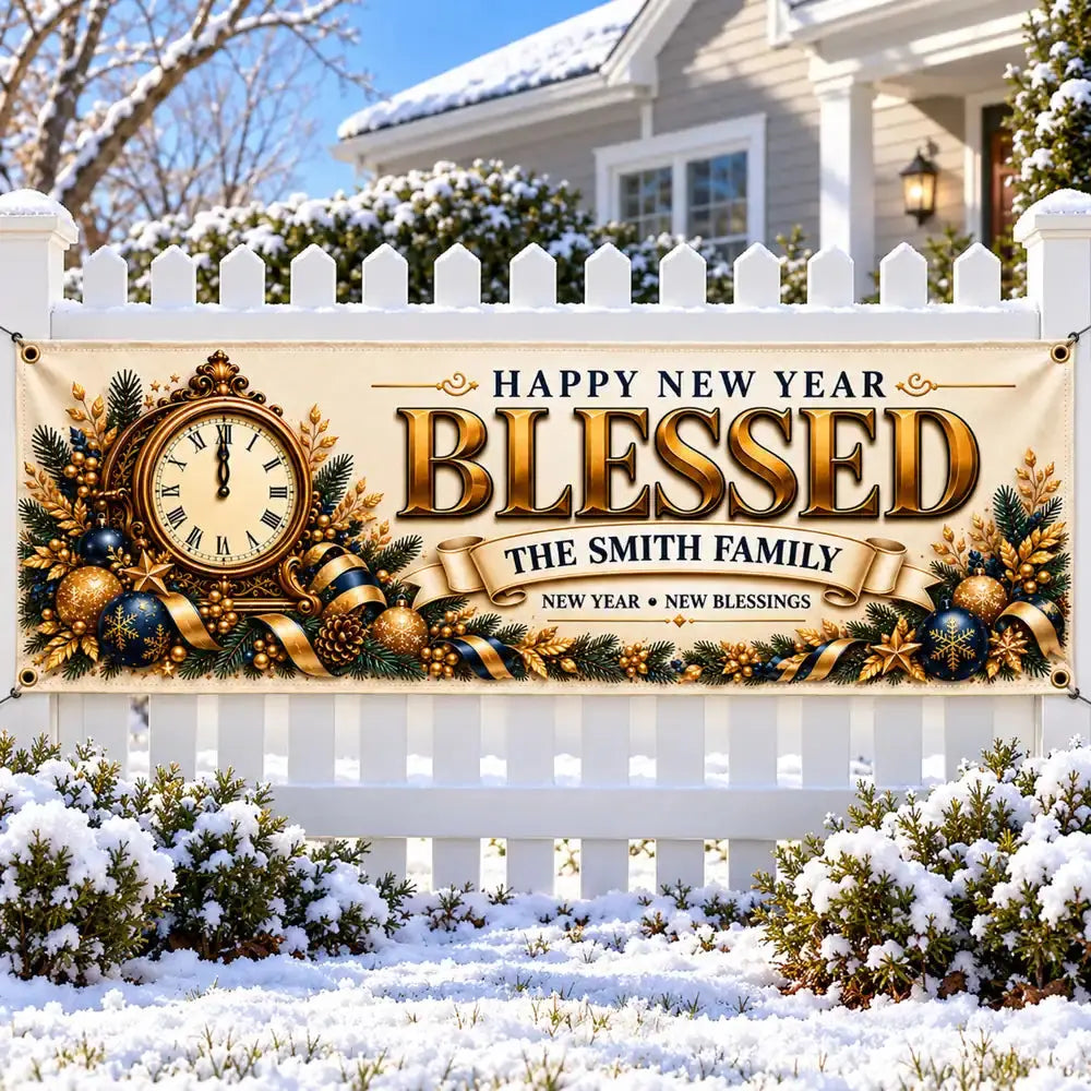 Happy New Year Blessed banner on a white fence in snow