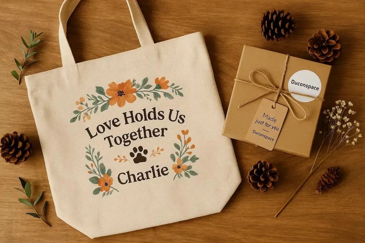 Flatlay of Duconspace personalized tote bag with floral pet name design and branded gift box wrapped in twine – showcasing meaningful custom gifting.