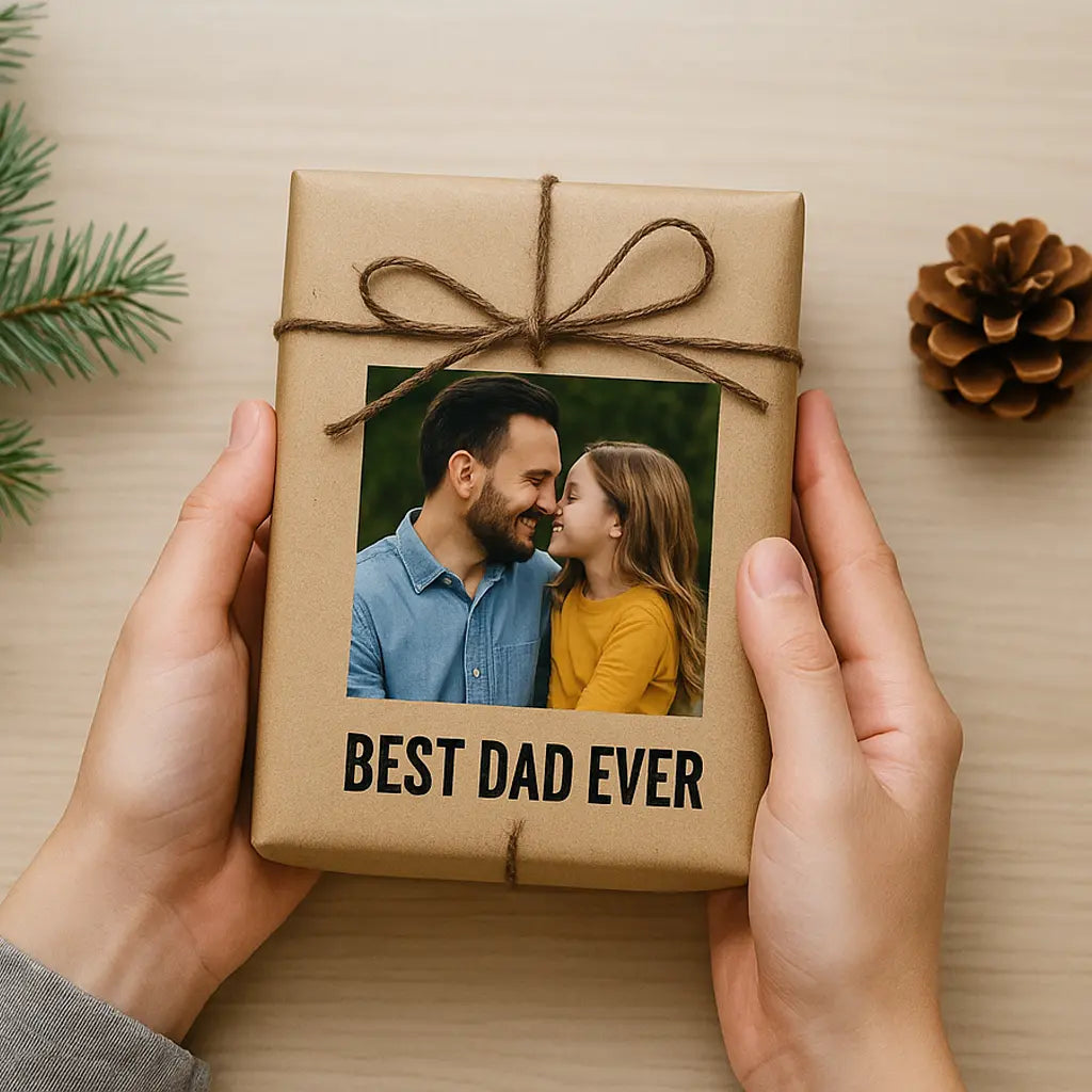 Hands holding a wrapped gift with photo of dad and daughter, labeled “Best Dad Ever” – emotional personalized gift moment by Duconspace.