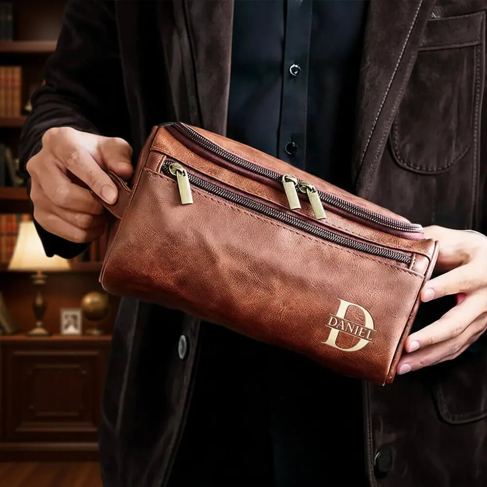 Custom Engraved Leather Toiletry Bag – Personalized Travel Dopp Kit, Perfect Gift for Dad Duconspace