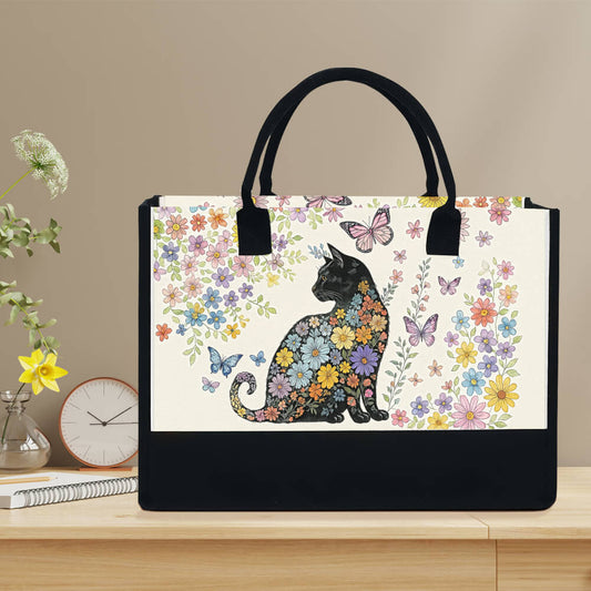 Reusable canvas tote with floral black cat design – chic cat lover gift for her