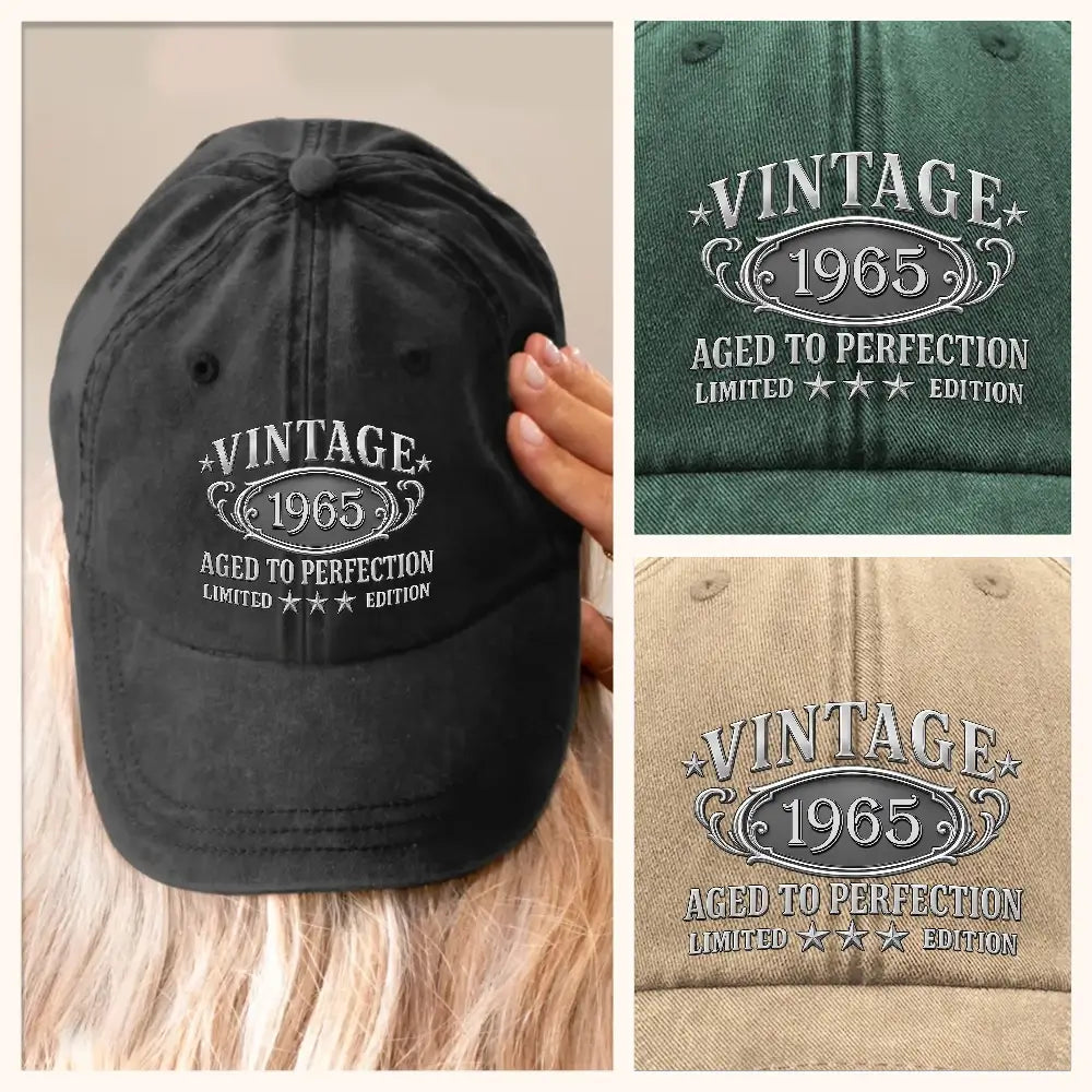 Milestone birthday cap for men — vintage aged to perfection custom year hat