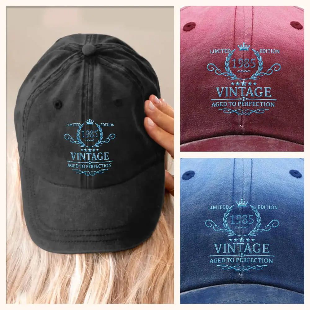 Close-up of printed text 'Aged to Perfection' on vintage denim hat