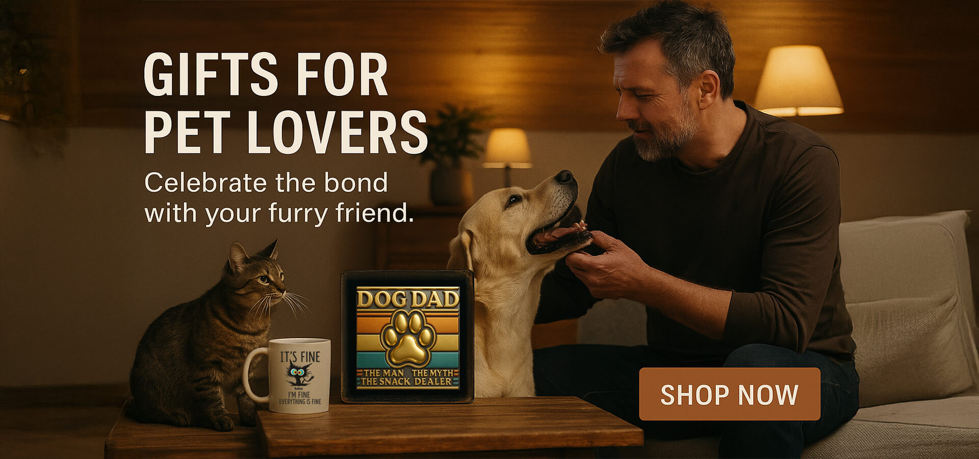 Banner with a Men with his Labrador Dog and Black Cat, Personalized Mug and Custom Metal Sign1621243260e1af0c20-0
