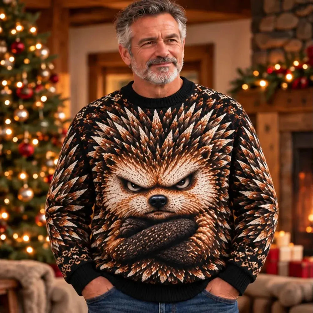 Man wearing grumpy hedgehog ugly Christmas sweater