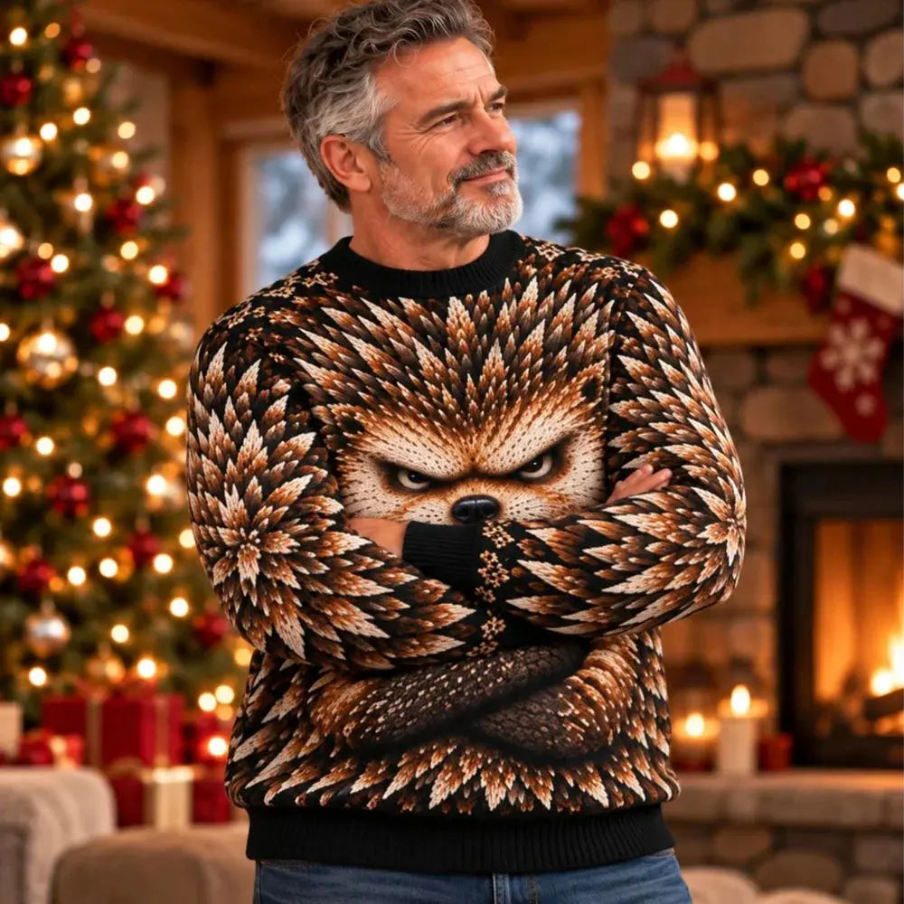 Man arms crossed in hedgehog ugly sweater