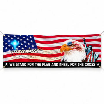 Patriotic fabric banner with American flag, bald eagle, cross and Statue of Liberty on white background