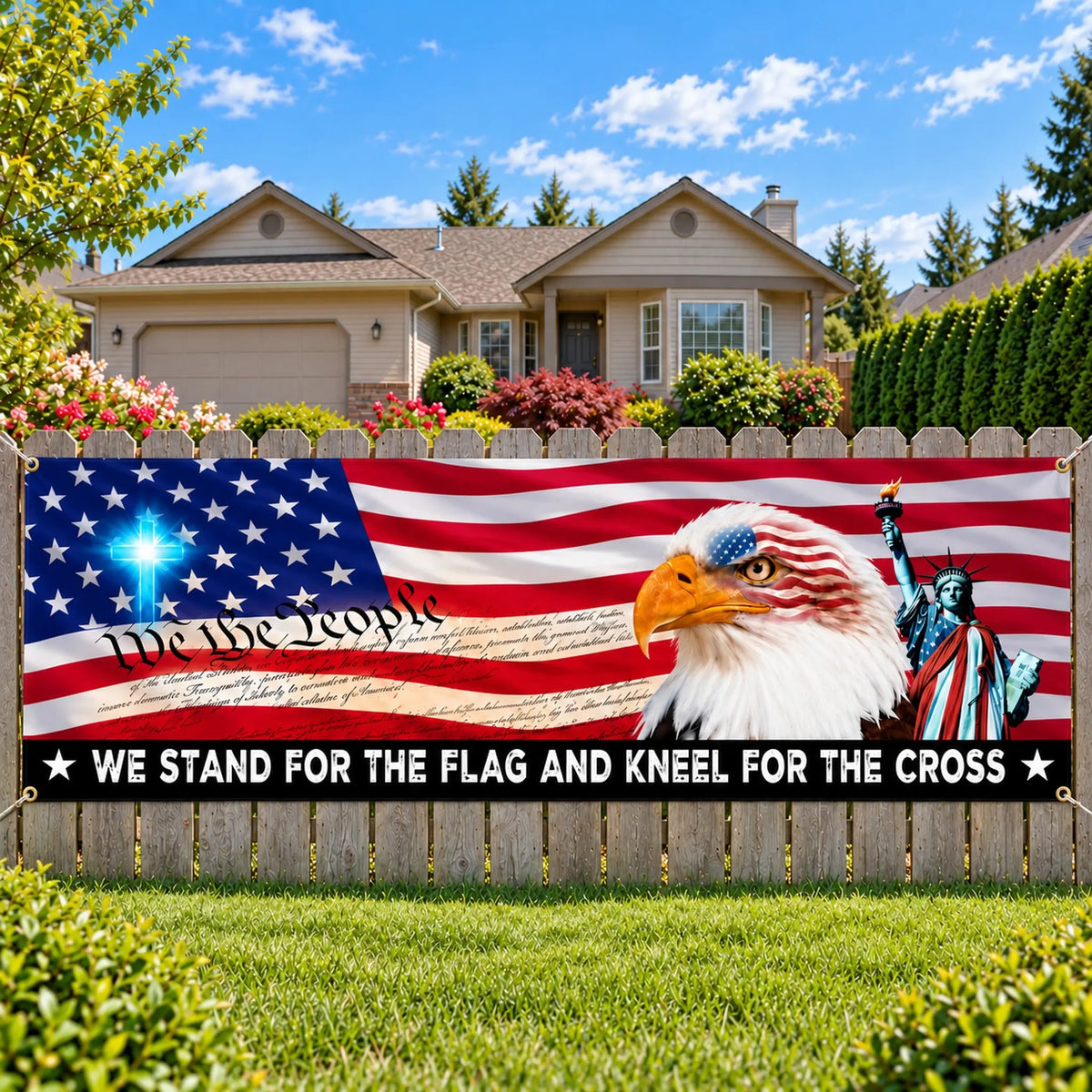 Patriotic banner tied to a picket fence in a front yard