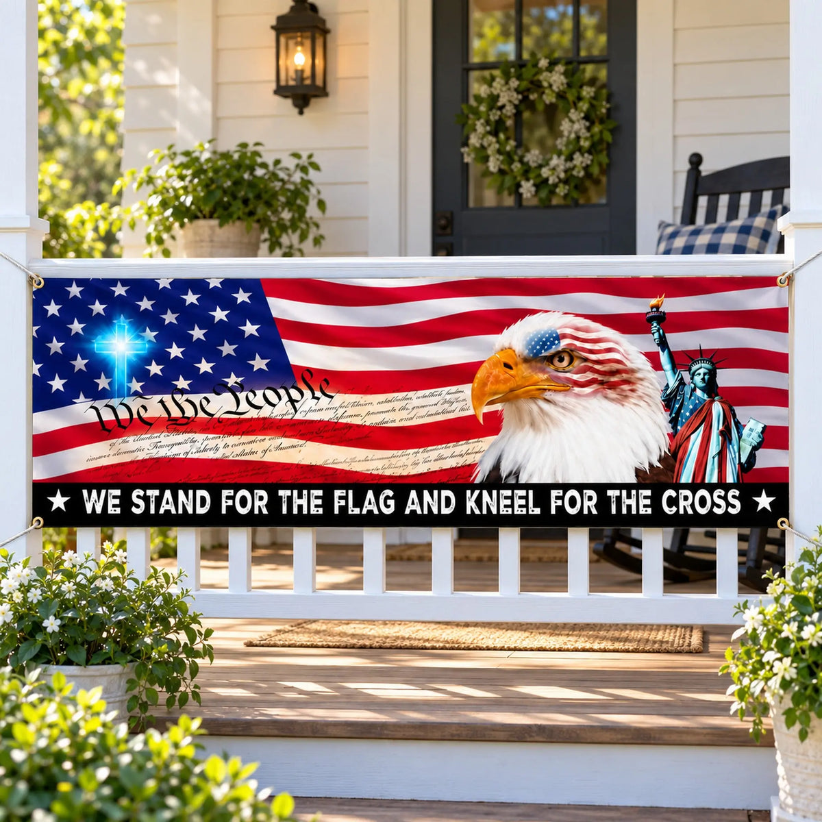 Patriotic banner on a front porch railing