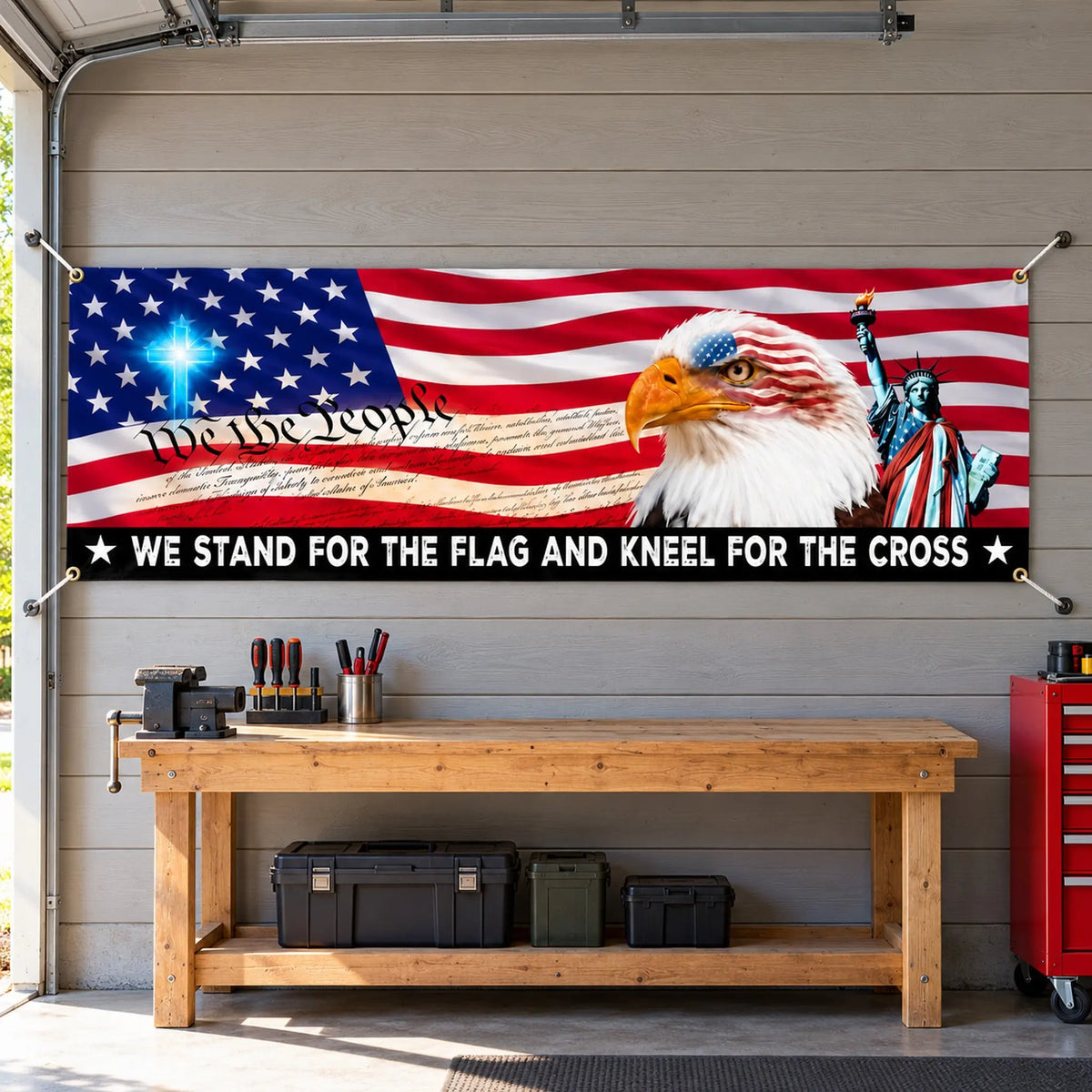 Patriotic banner on a garage wall