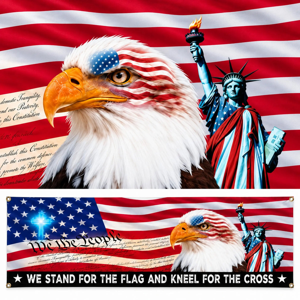 Bald eagle and Statue of Liberty print detail