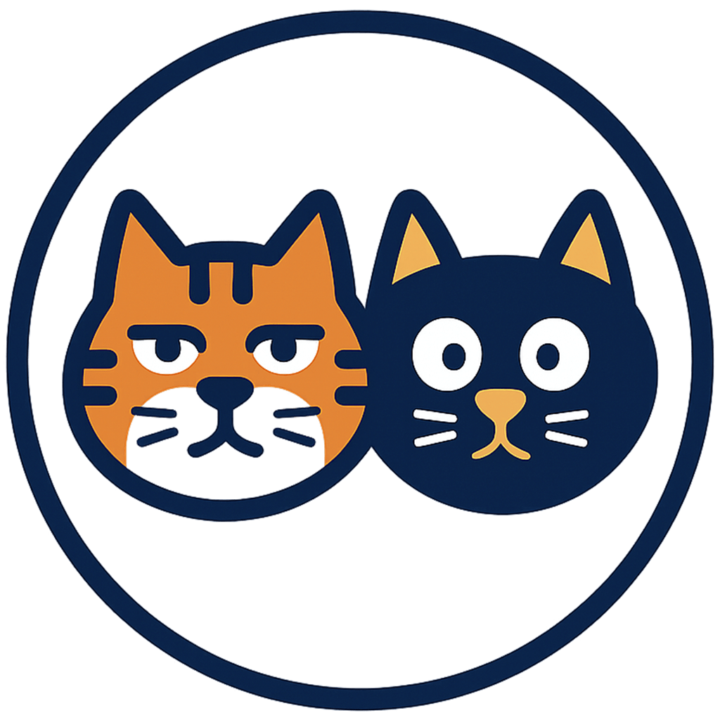 Two cartoon cats, one orange and one black, inside a blue circle on a black background.