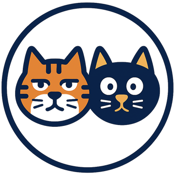 Two cartoon cats, one orange and one black, inside a blue circle on a black background.