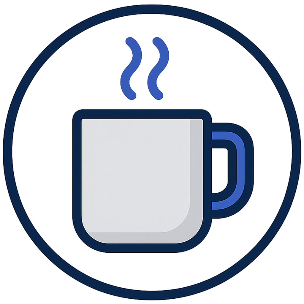 Icon of a steaming mug with a blue outline on a black background