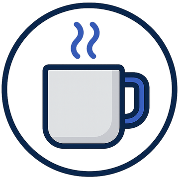 Icon of a steaming mug with a blue outline on a black background