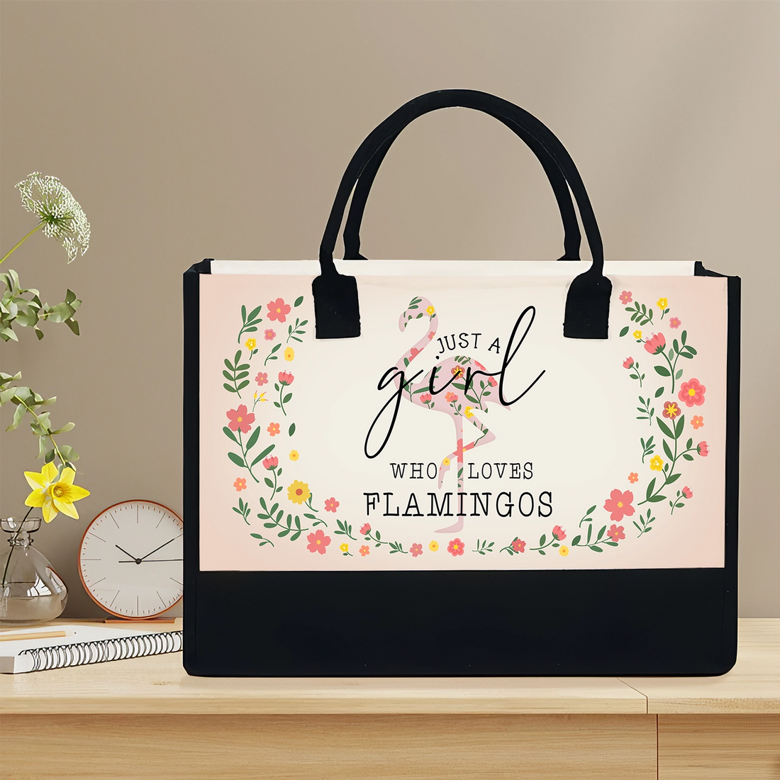 Front view of 'Just A Girl Who Loves Flamingos' canvas tote bag