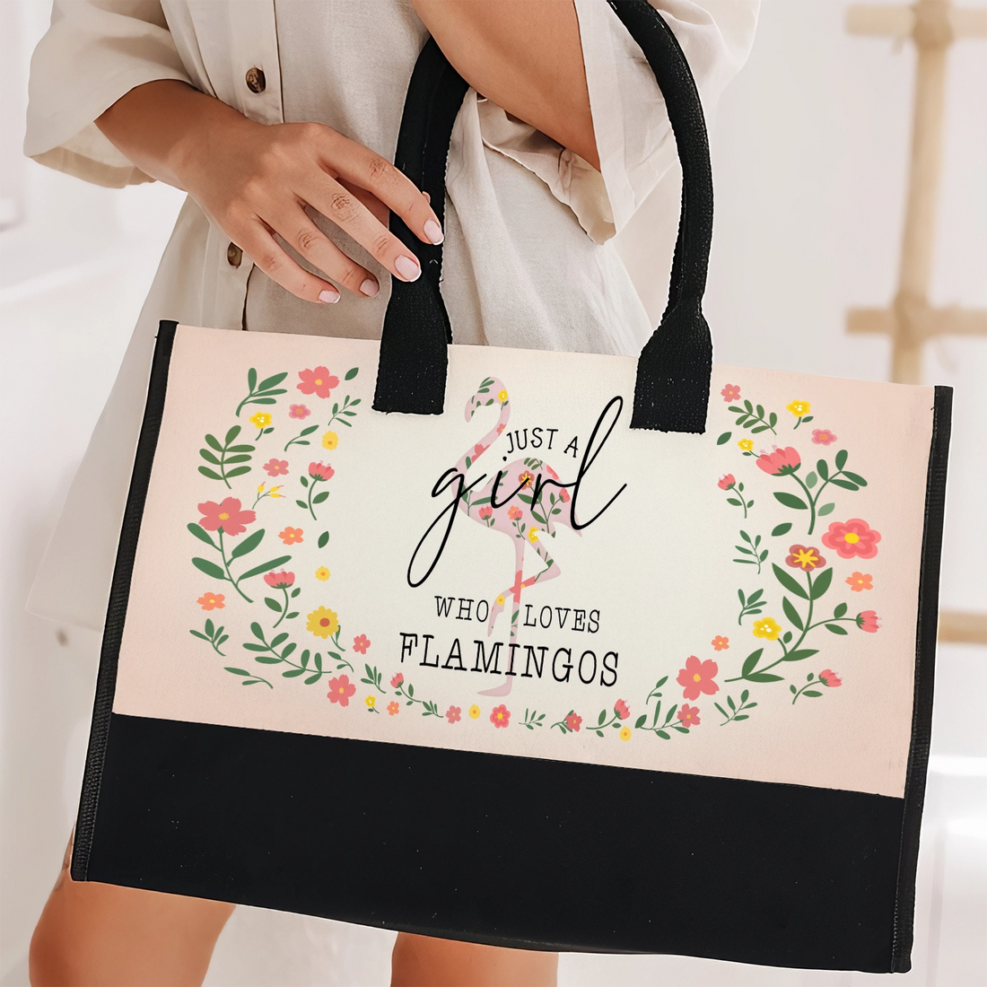 Front view of 'Just A Girl Who Loves Flamingos' canvas tote bag