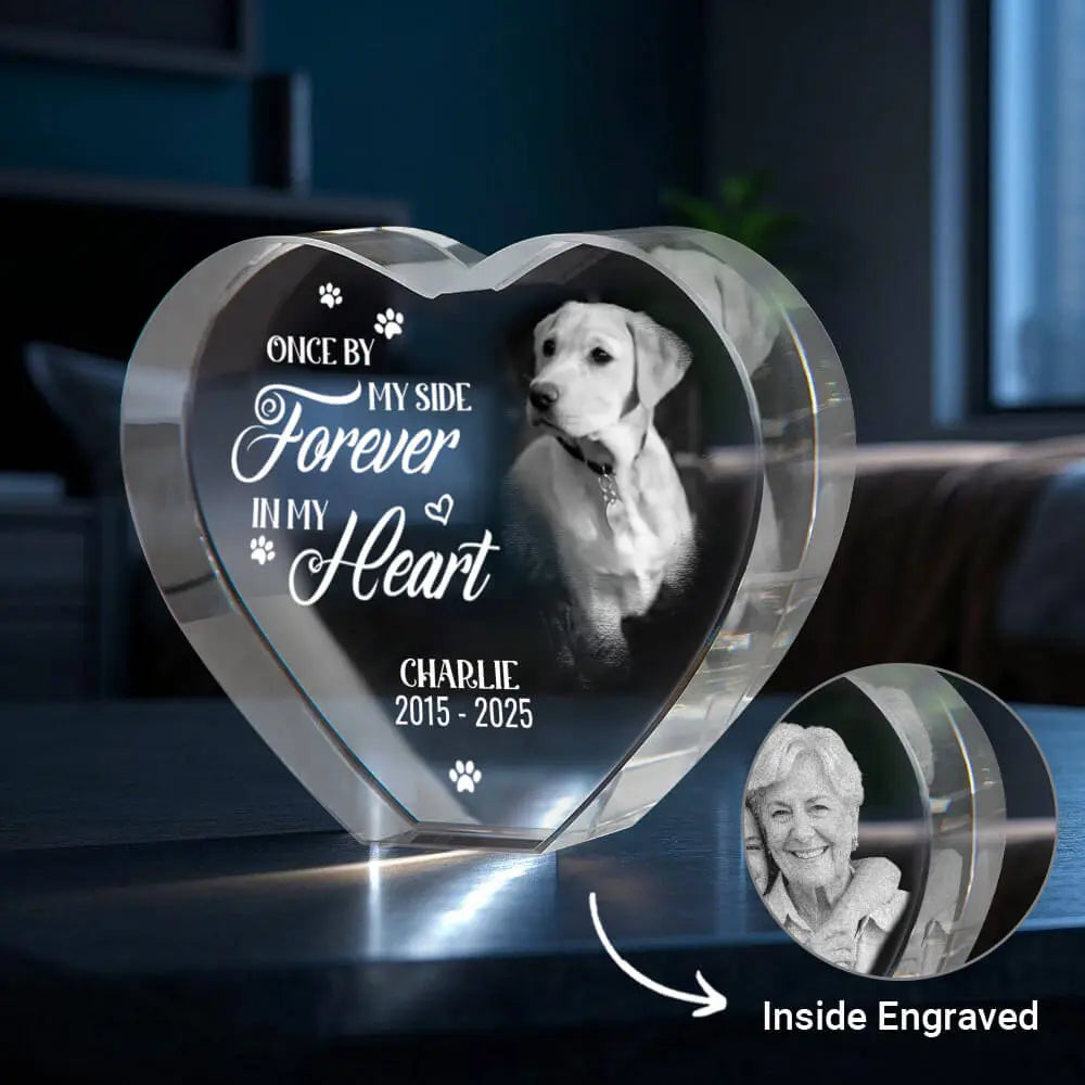 3D crystal heart keepsake with custom pet photo and text
