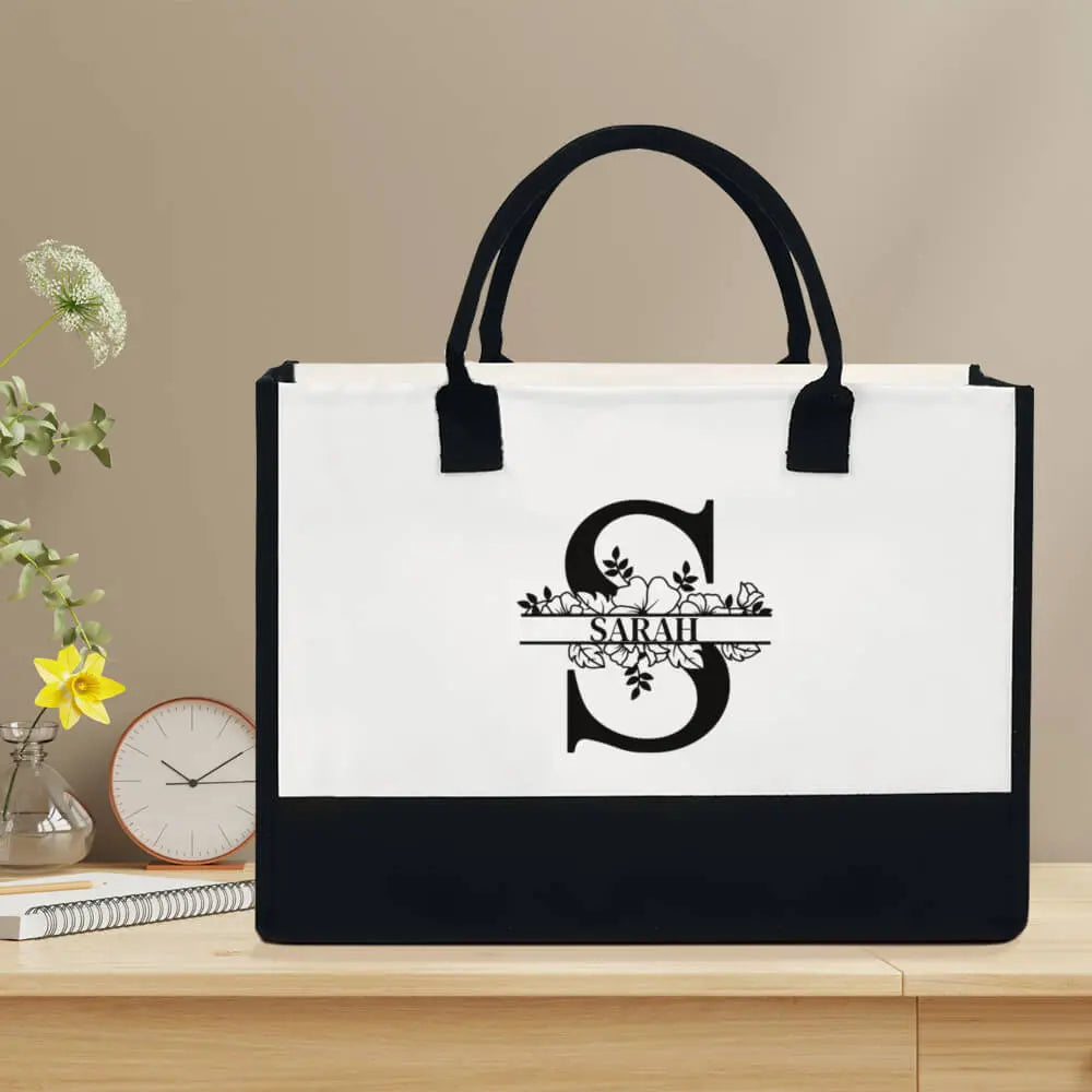 Personalized initial canvas tote bag with custom monogram and name embroidery, perfect gift for women
