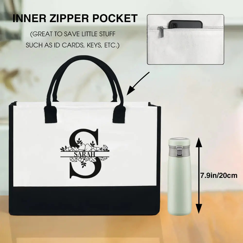 Flat lay of custom name initial canvas tote bag, perfect personalized gift for her
